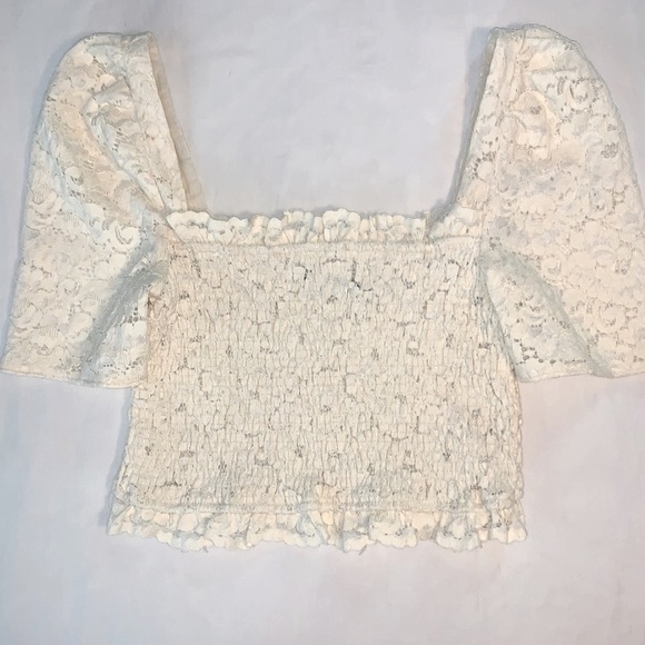 Zara Tops Zara Smocked Lace Ivory Puffed Sleeve Crop Top Small